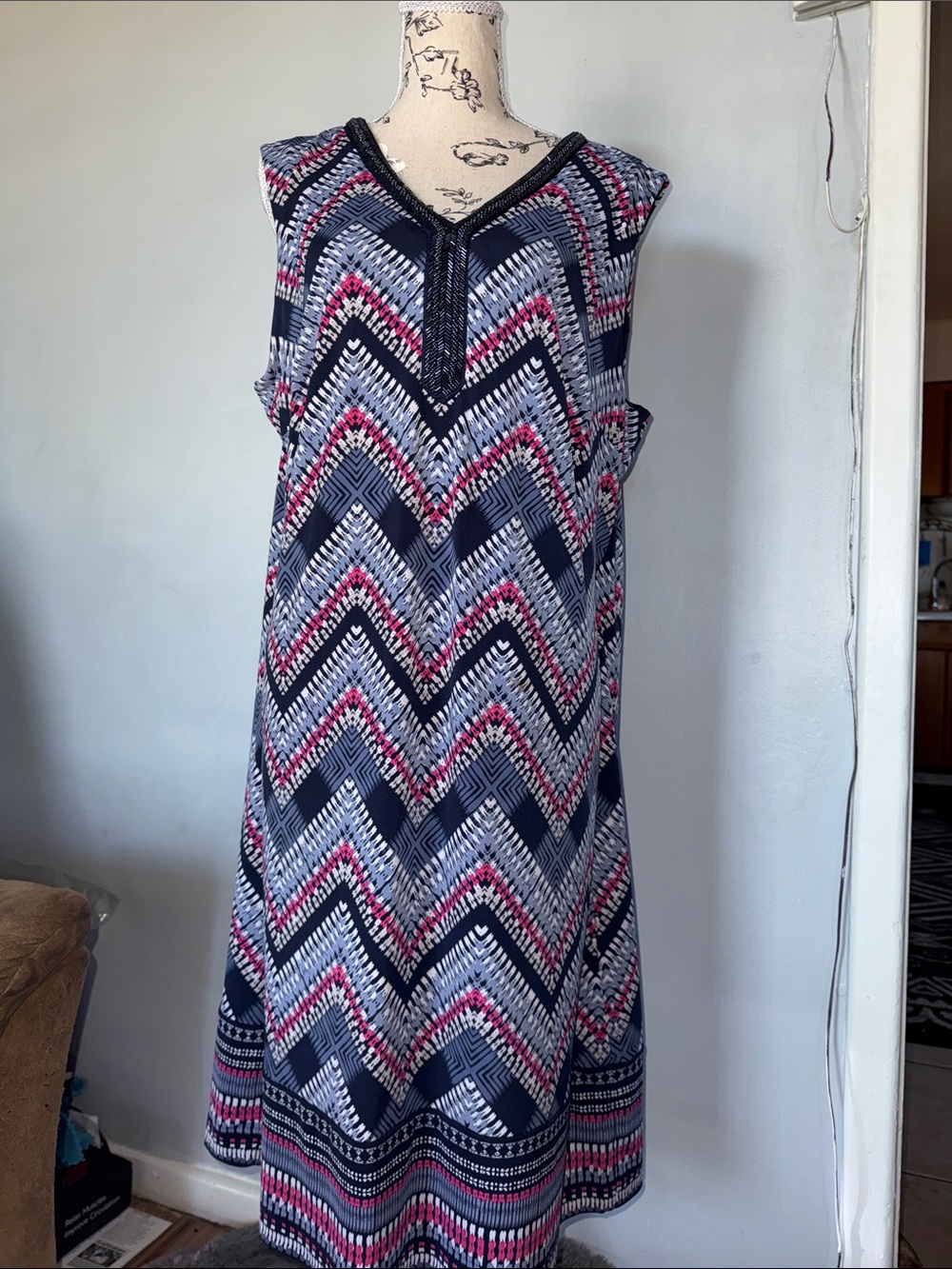 JM Collection Navy, Pink & White Chevron Maxi Dress